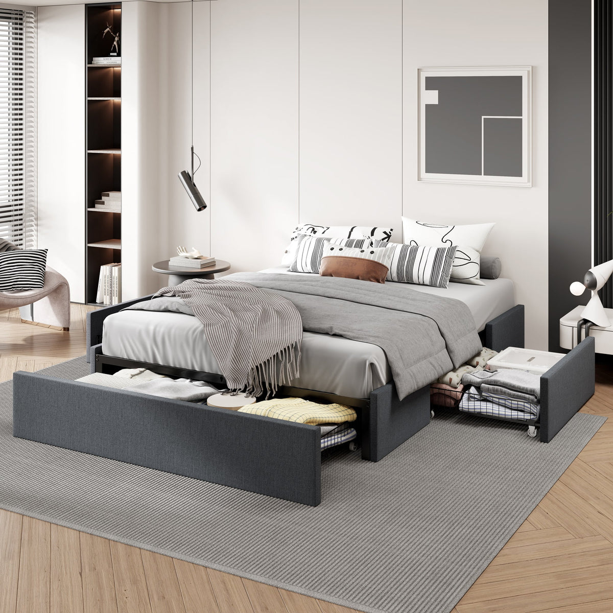 Dark Grey Full Size Platform Bed Frame with 3 Storage Drawers B8354