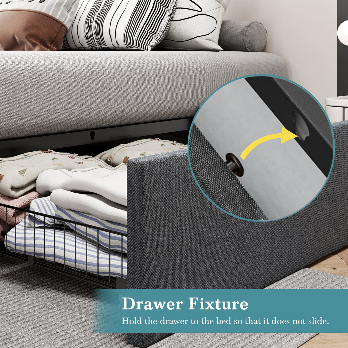Dark Grey Full Size Platform Bed Frame with 3 Storage Drawers B8354