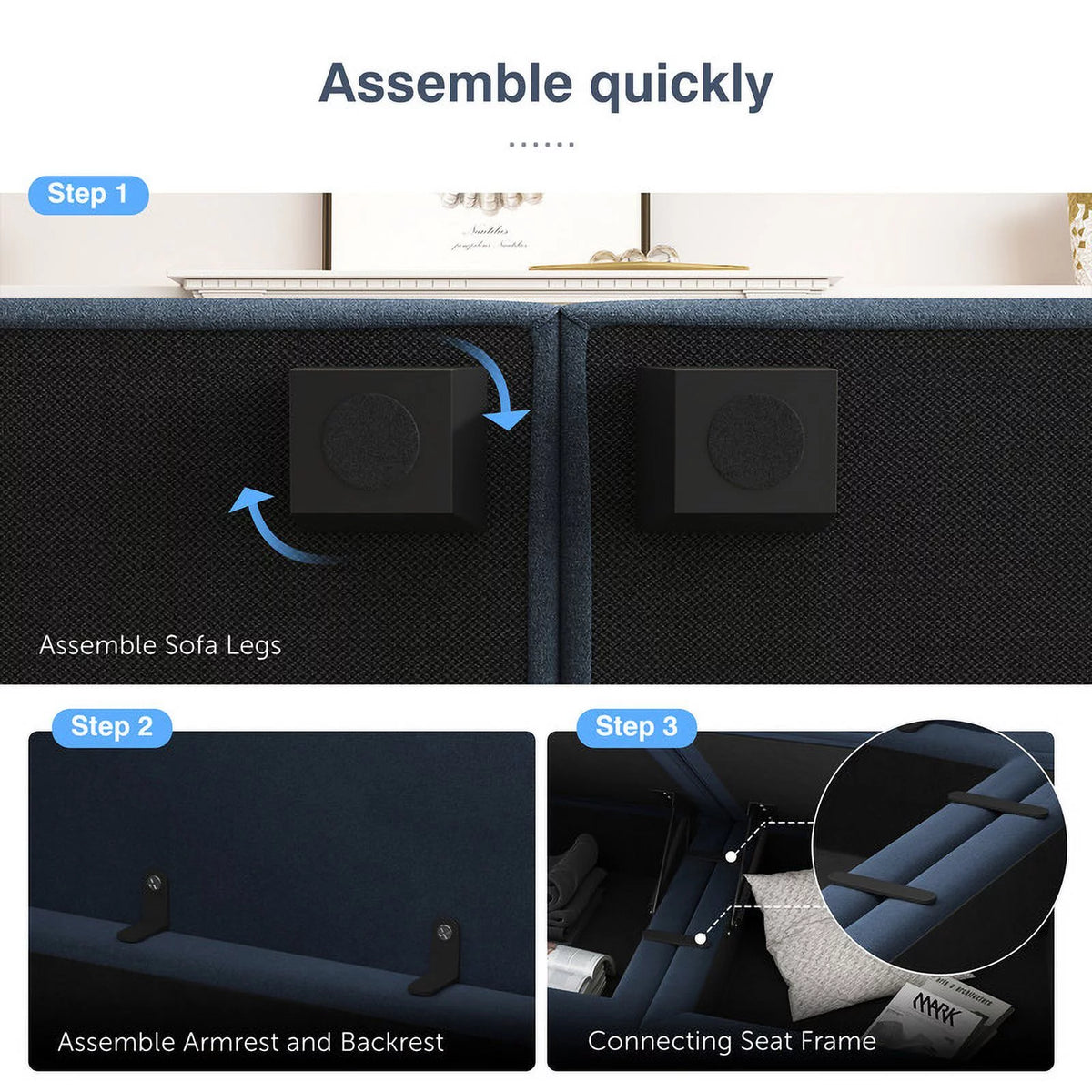 Dark Blue Sectional Sofa Bed with Storage V315