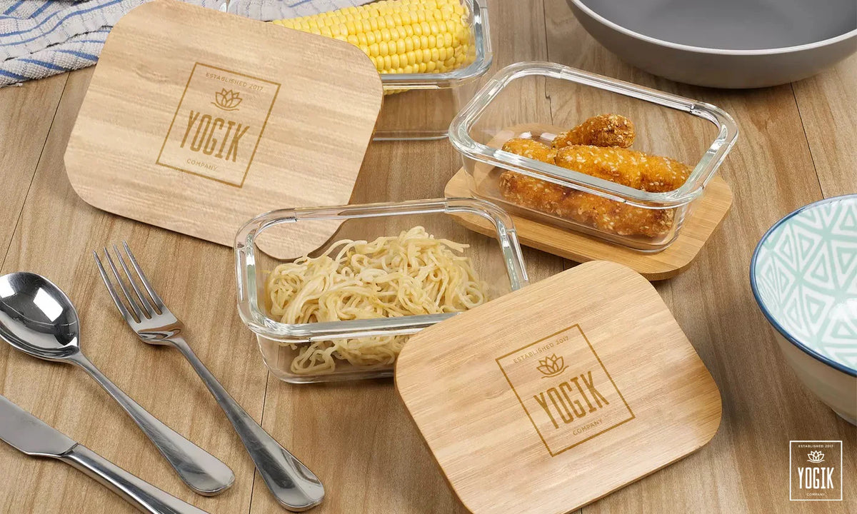 Set of 4 Rectangular Glass Food Storage Containers with Bamboo Lids I1848