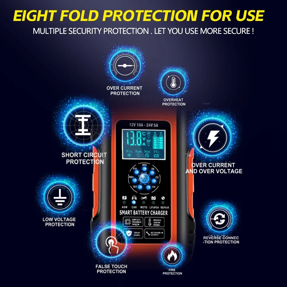 12V/12A 24V/6A Smart Battery Charger for LiFePO4 Lead-Acid AGM Wet Gel Battery J2578