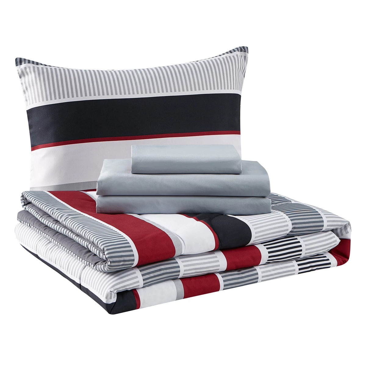 Red and Gray Stripe 6 Piece Twin Comforter Set K6076