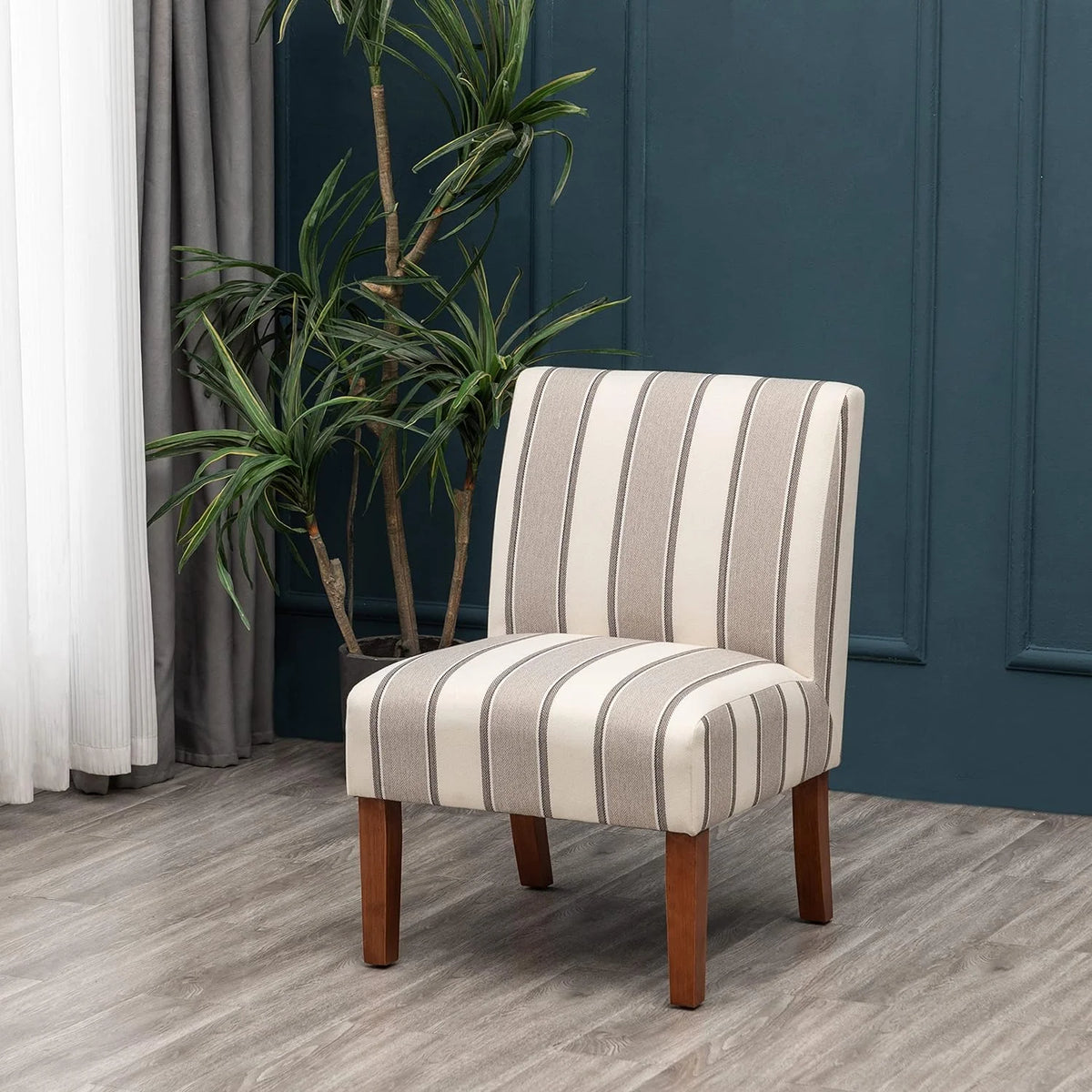 Brown And White Stripe Fabric Armless Accent Chair With Wood Legs Z6236