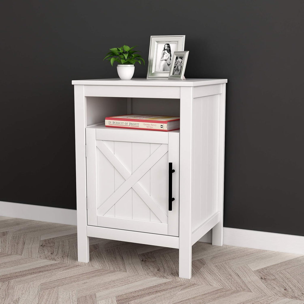 White Nightstand End Table with Door Cabinet and Open Shelf V756573
