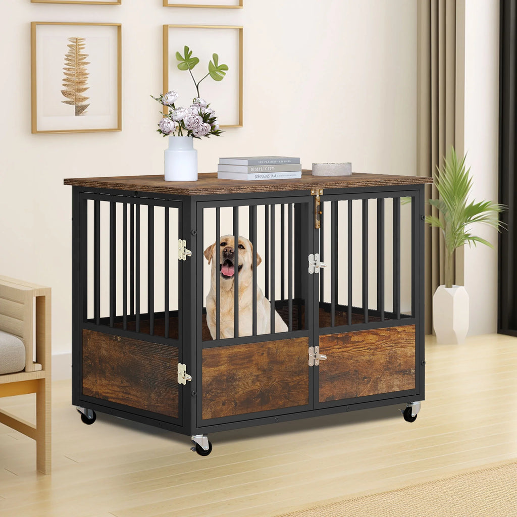 Large 38in Heavy Duty Metal Dog Crate and Kennel with Wheels V962