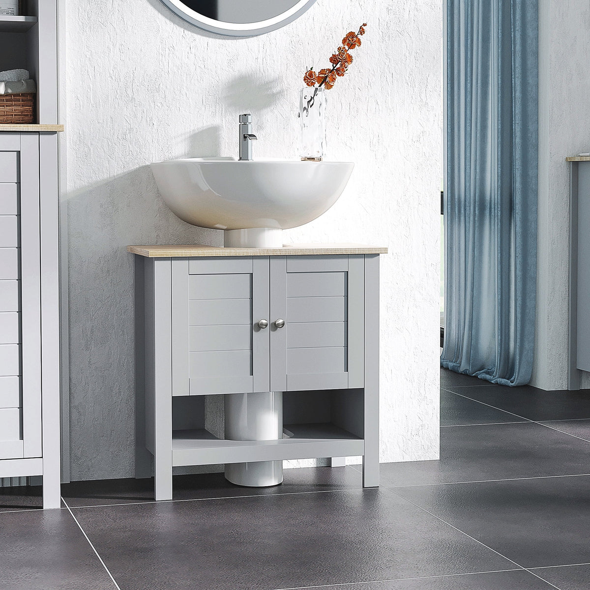 Gray Pedestal Sink Storage Cabinet with Adjustable Shelf V395226
