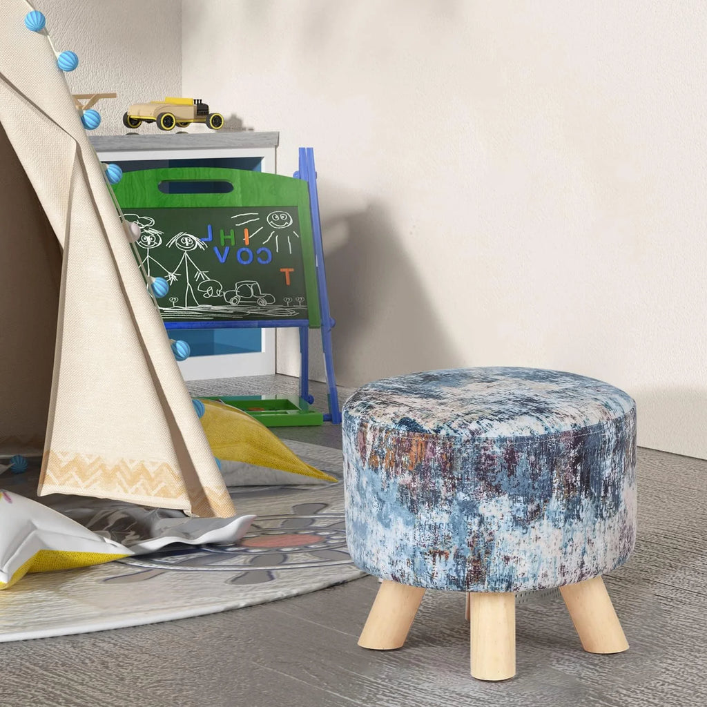 Round Linen Fabric Ottoman with Wooden Legs L48699