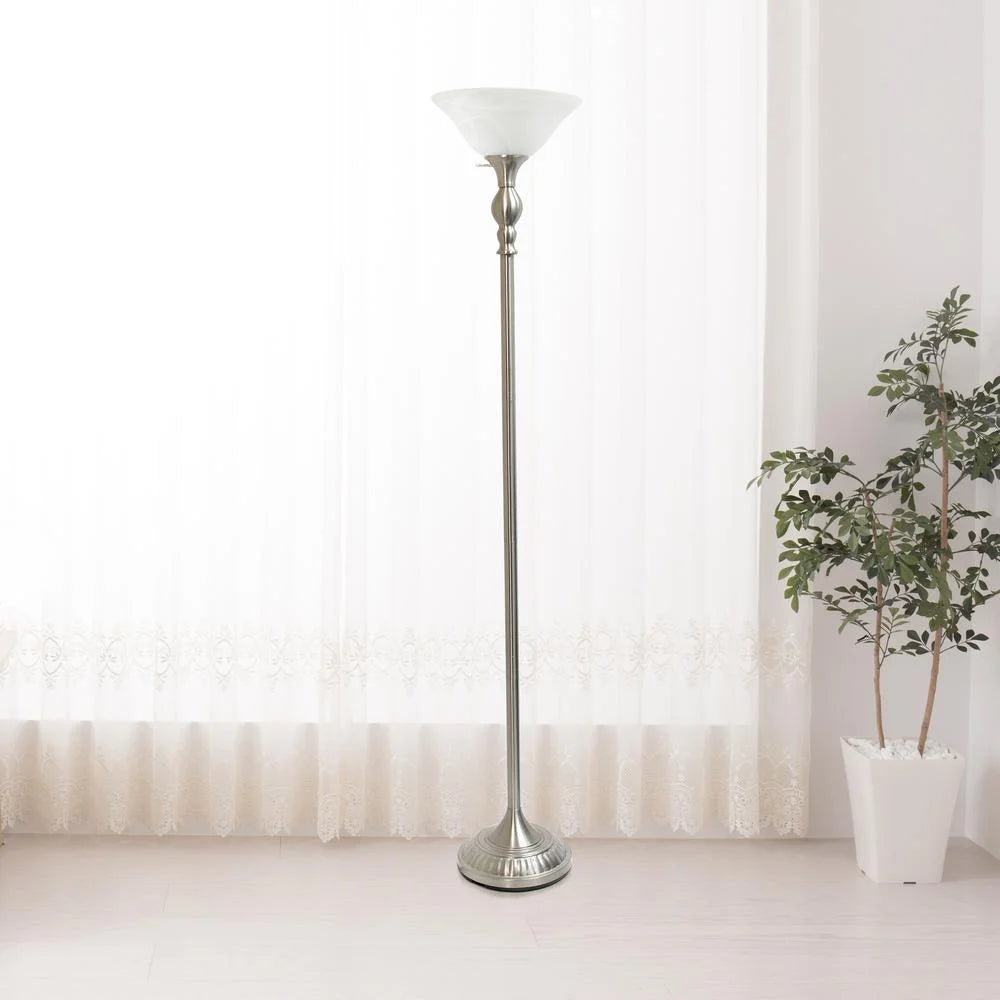 1 Light Brushed Nickel Torchiere Floor Lamp with White Glass Shade H857
