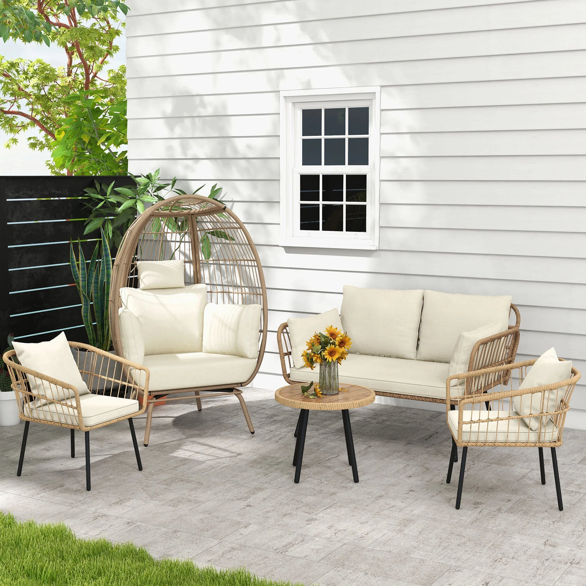 Beige Wicker Bistro Set Sectional Sofa Chairs Q76837