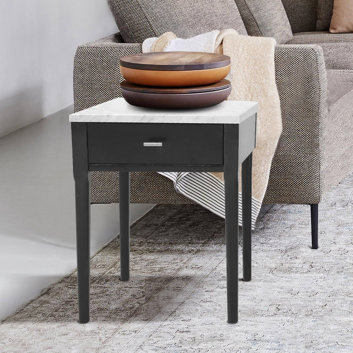 18x22 Square Italian Carrara White Marble Side Table with Black Leg I326953