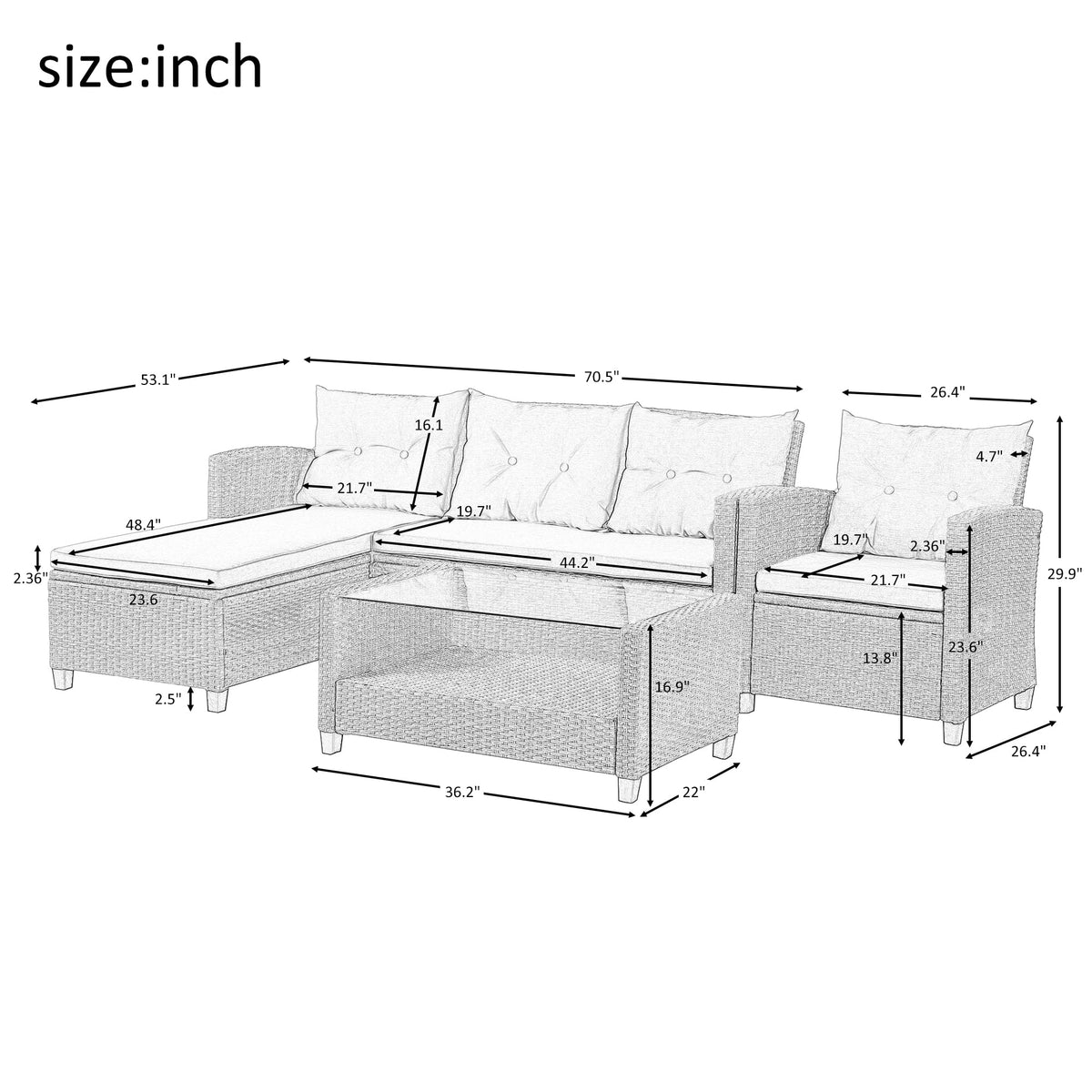 4 Piece All-Weather Wicker Patio Sectional Sofa Set with Cushions S429429