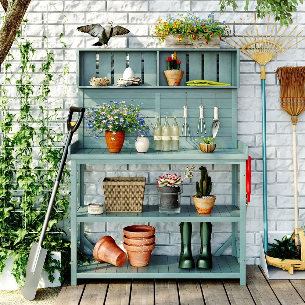 65" Green Wooden Potting Bench with 4 Storage Shelves C883781