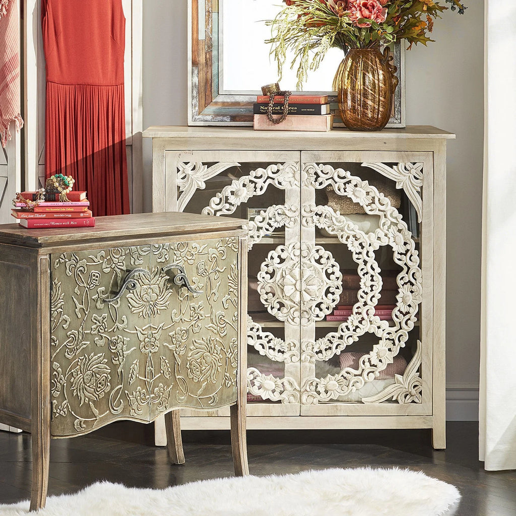 Handcarved Floral Arched Glass Doors Sideboard R3457