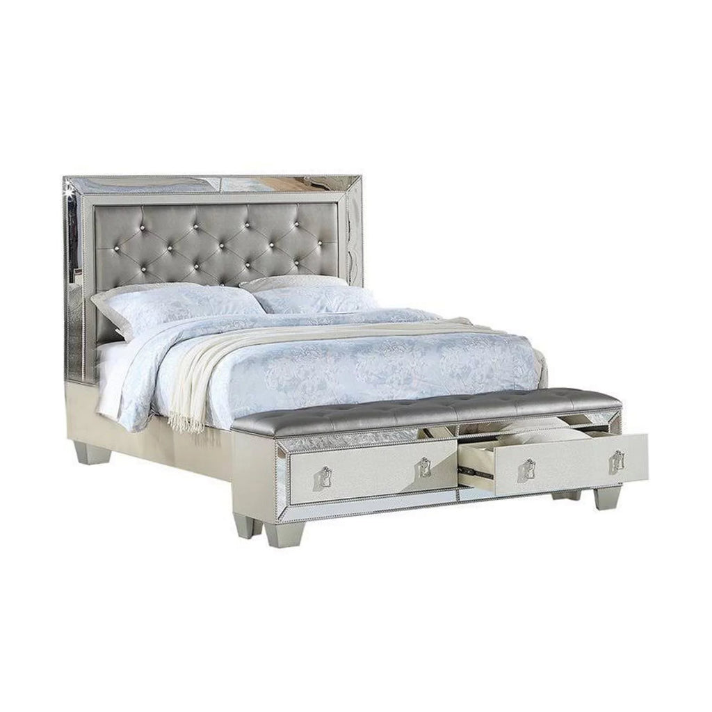 King Bed with Storage Footboard Silver Faux Leather Tufted Upholstery E621442