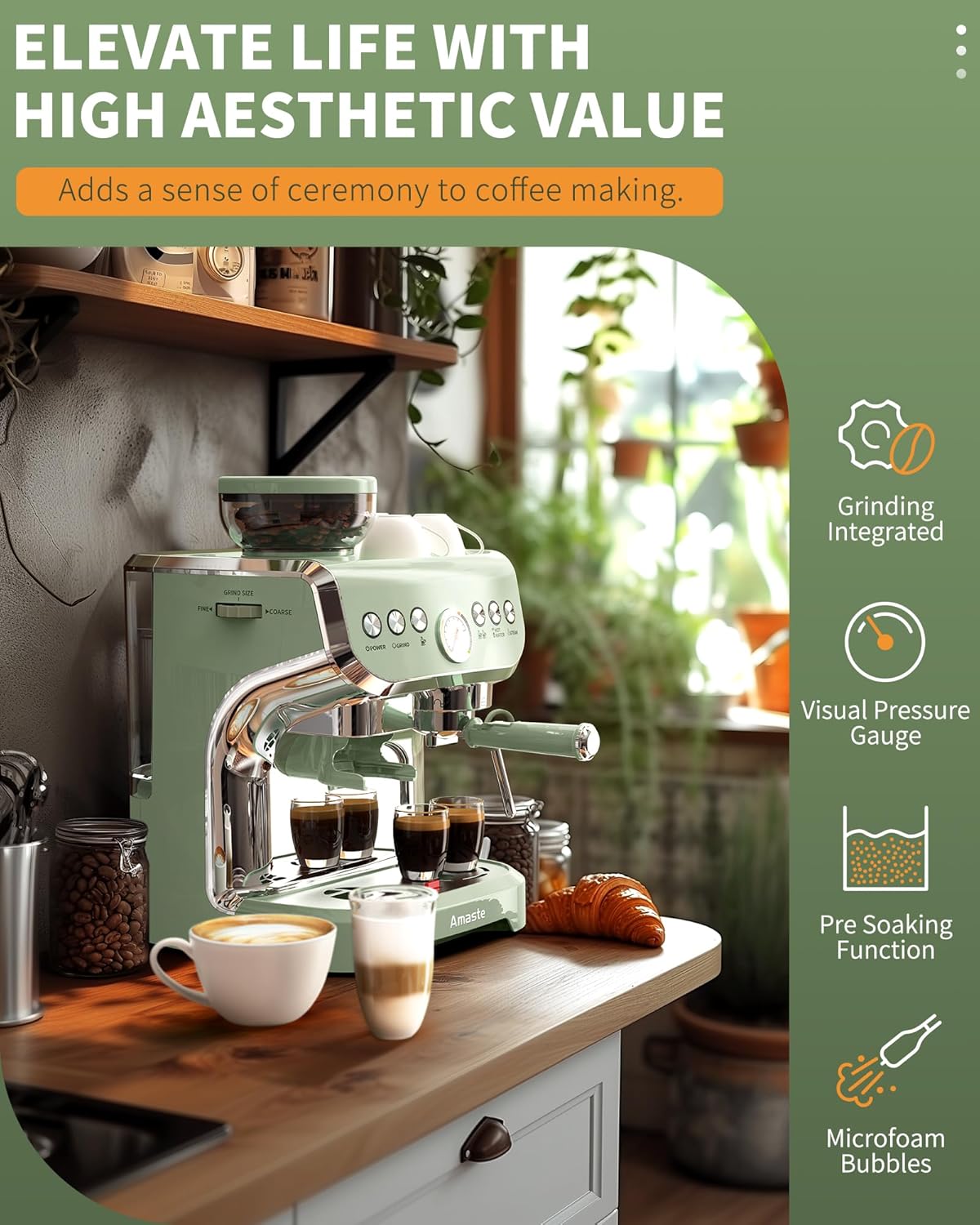 15 Bar Espresso Machine with Grinder and Steam Wand, 68Oz Water Tank, Green K23344