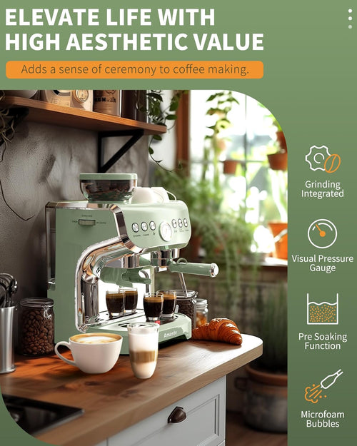 15 Bar Espresso Machine with Grinder and Steam Wand, 68Oz Water Tank, Green K23344