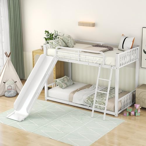 Twin Over Twin Low Bunk Bed with Slide and Ladder Y621