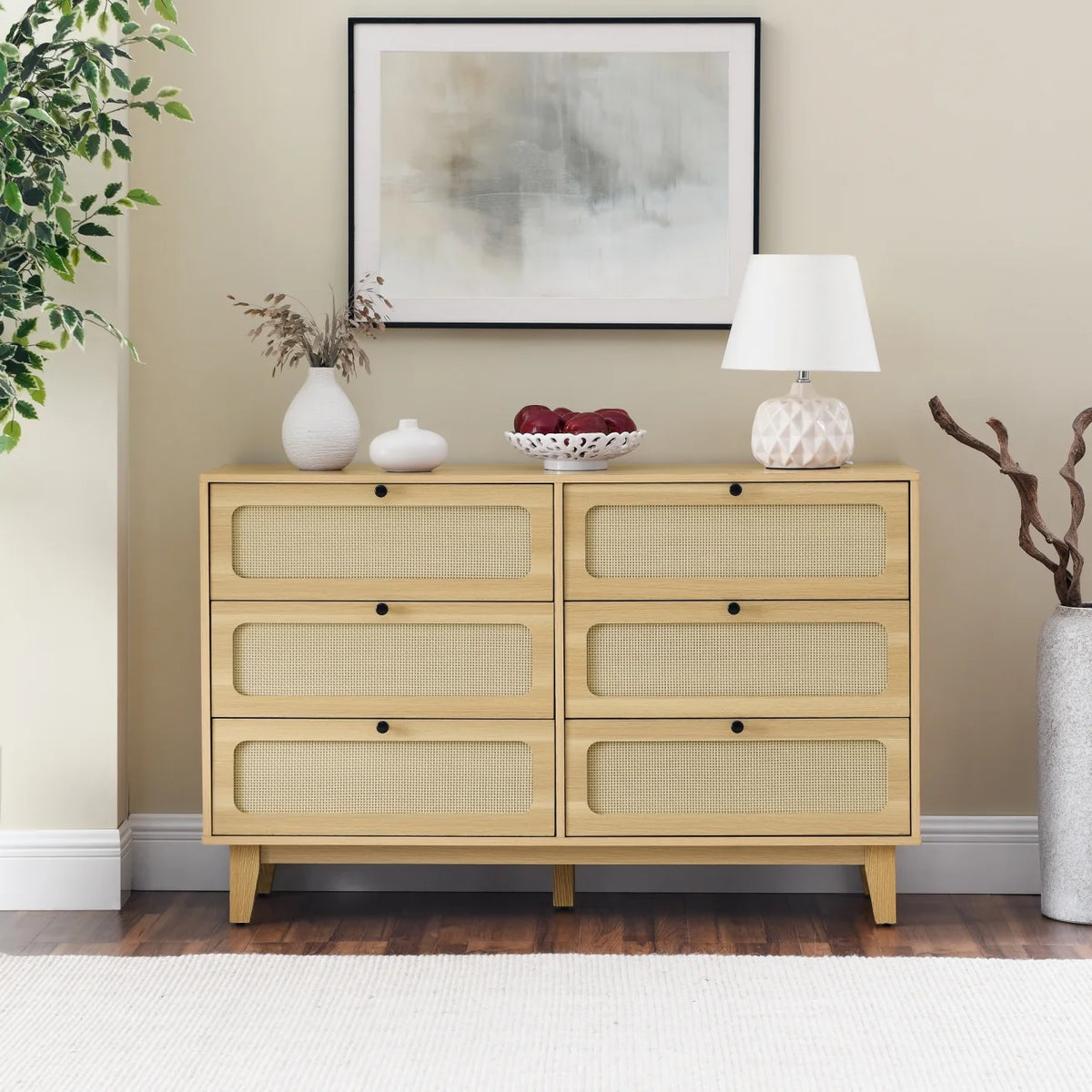 6 Drawer Wooden Dresser with Rattan Drawers X601