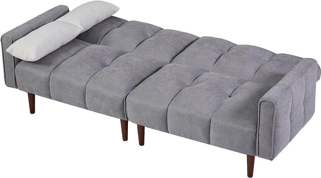 Grey Fabric Upholstered Futon Sofa Bed with Wooden Legs and 2 Pillows R1833