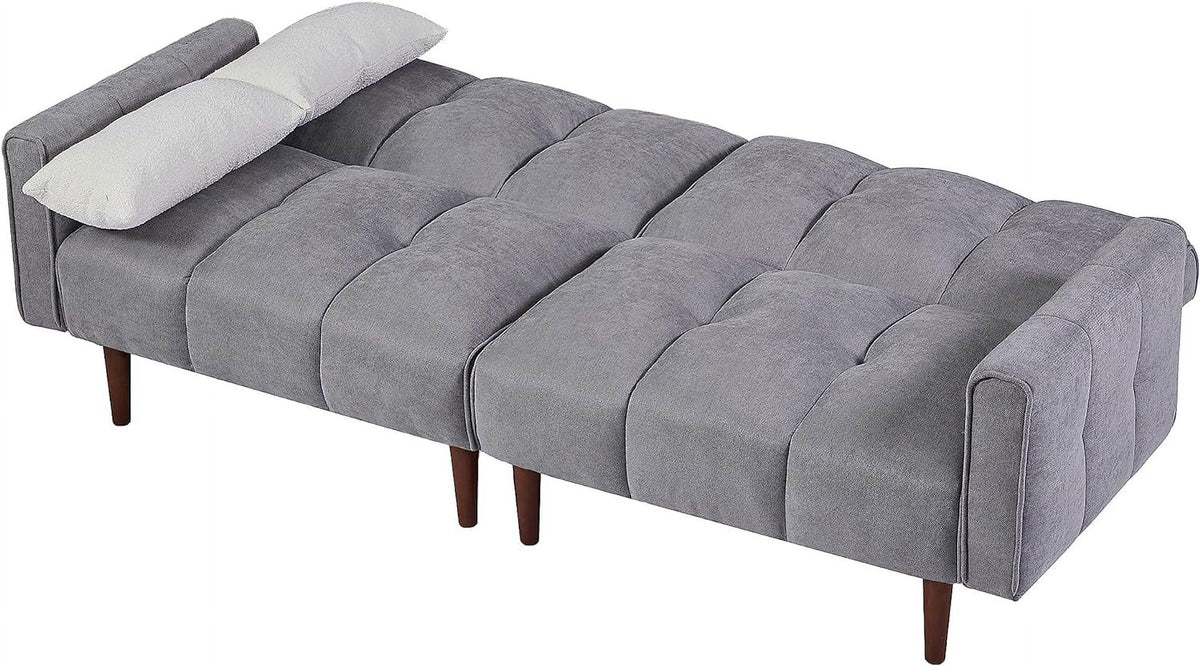 Grey Fabric Upholstered Futon Sofa Bed with Wooden Legs and 2 Pillows R1833