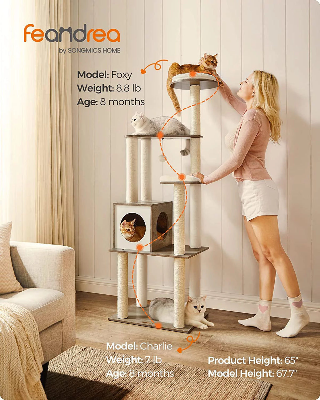 65-Inch Multi-Level Cat Tree with 5 Scratching Posts I73594