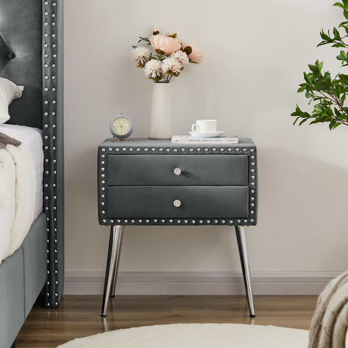 Gray Velvet Nightstand with 2 Drawers and Metal Legs Z839667