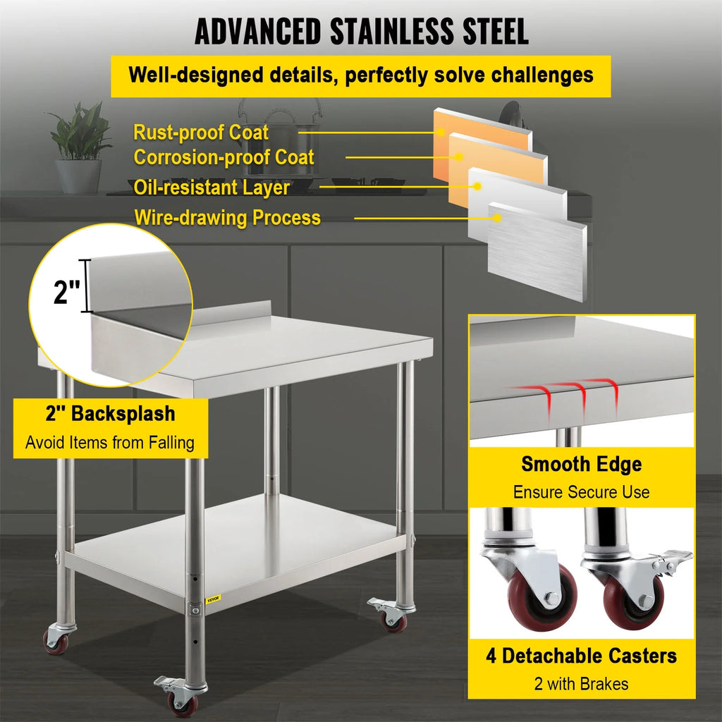 Stainless Steel Prep Table with Backsplash and Casters F58808