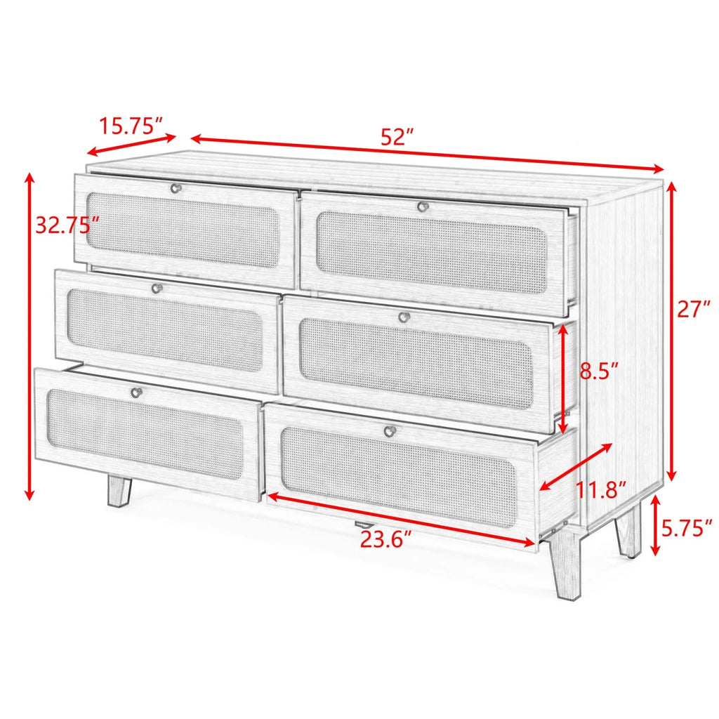 6 Drawer Wooden Dresser with Rattan Drawers X601