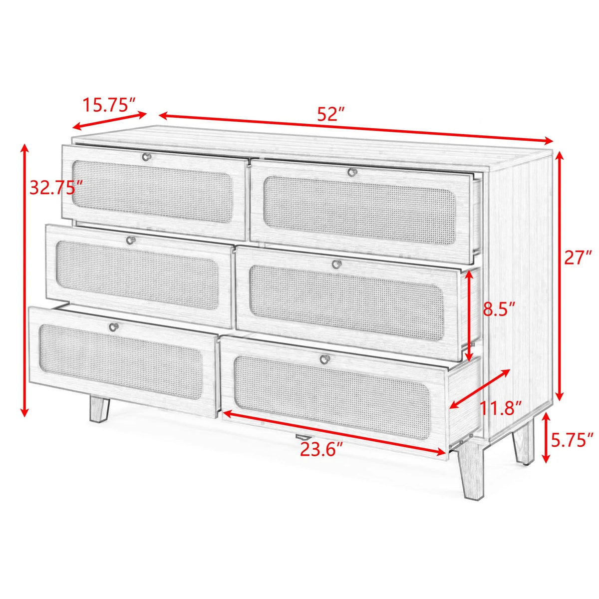 6 Drawer Wooden Dresser with Rattan Drawers X601