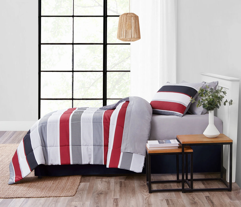 Red and Gray Stripe 6 Piece Twin Comforter Set K6076