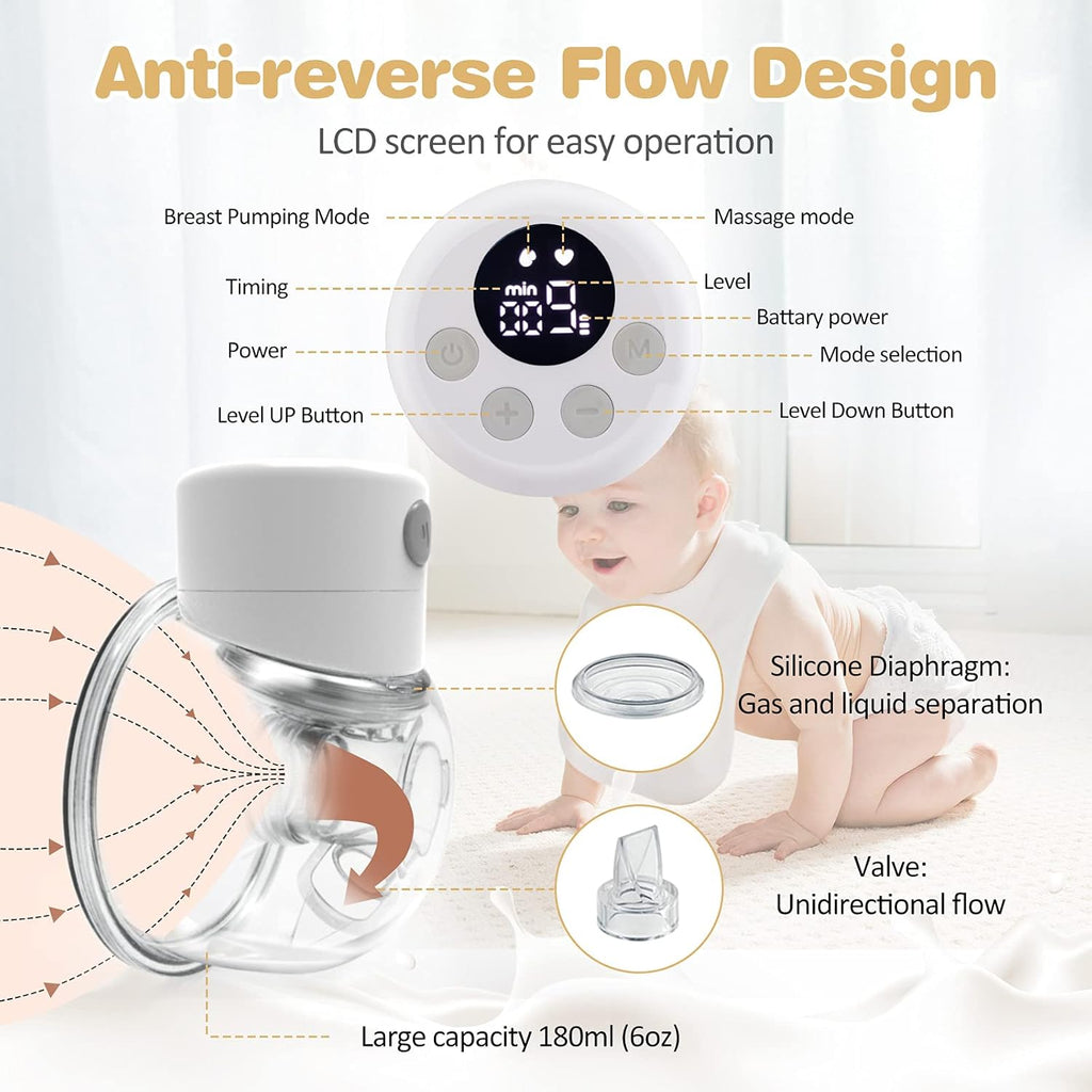 Electric Wearable Breast Pump, Hands Free, Portable, 2 Mode & 9 Levels, LCD Display V22433