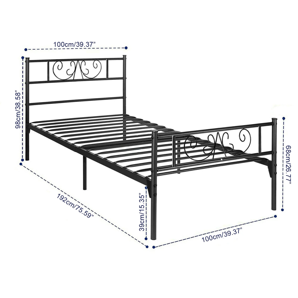 Black Metal Platform Twin Size Bed Frame with Headboard and Footboard E682
