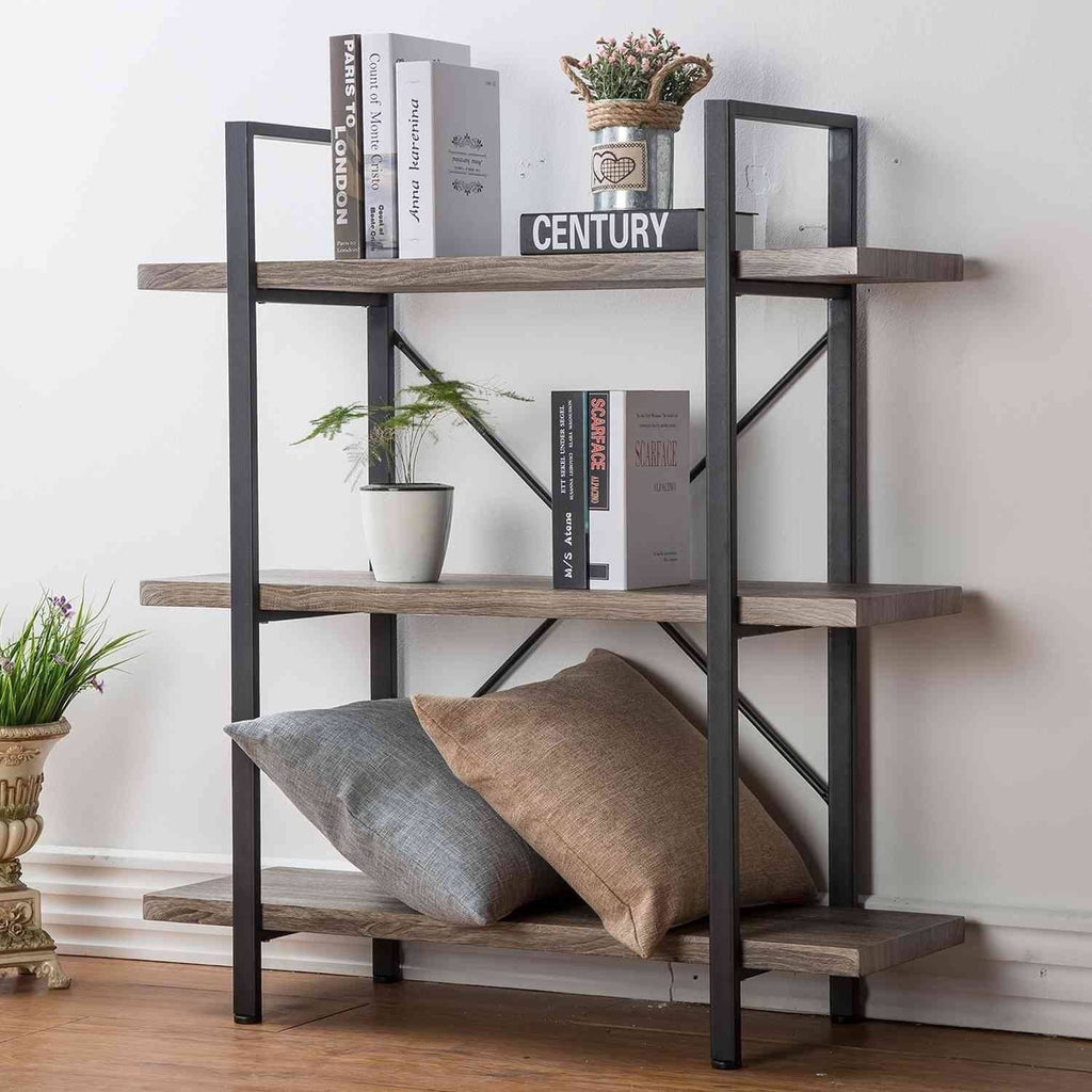 3-Shelf Rustic Industrial Bookcase H183