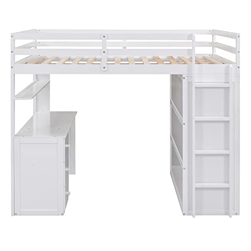 Full Size White Solid Wood Loft Bed with Desk and Wardrobe X906