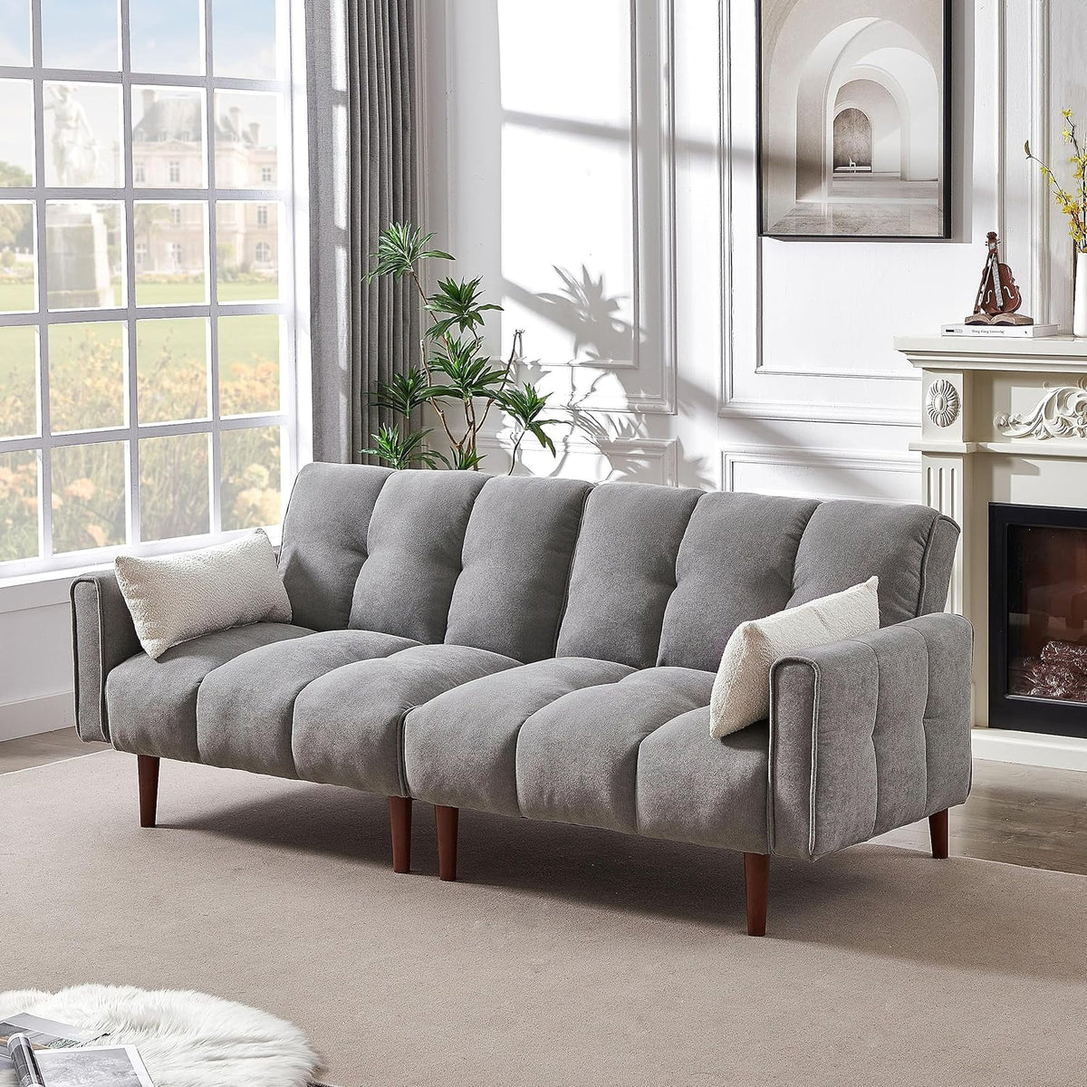Grey Fabric Upholstered Futon Sofa Bed with Wooden Legs and 2 Pillows R1833
