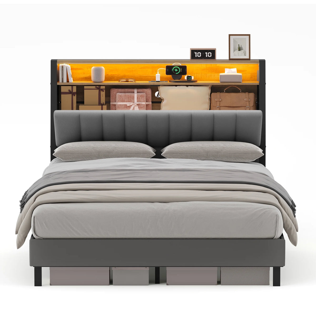 Full Size Bed Frame with Storage Headboard and Charging Station K333916