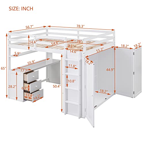 Full Size White Solid Wood Loft Bed with Desk and Wardrobe X906