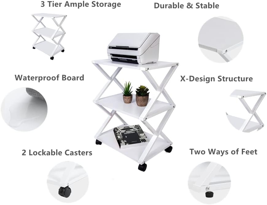 White 3 Tiers Printer Stand Cart with Storage Shelf on Wheels B623304