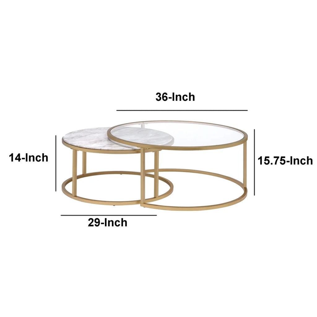 Metal Framed Nesting Coffee Tables with Glass and Marble Tops Set of Two Gold U120