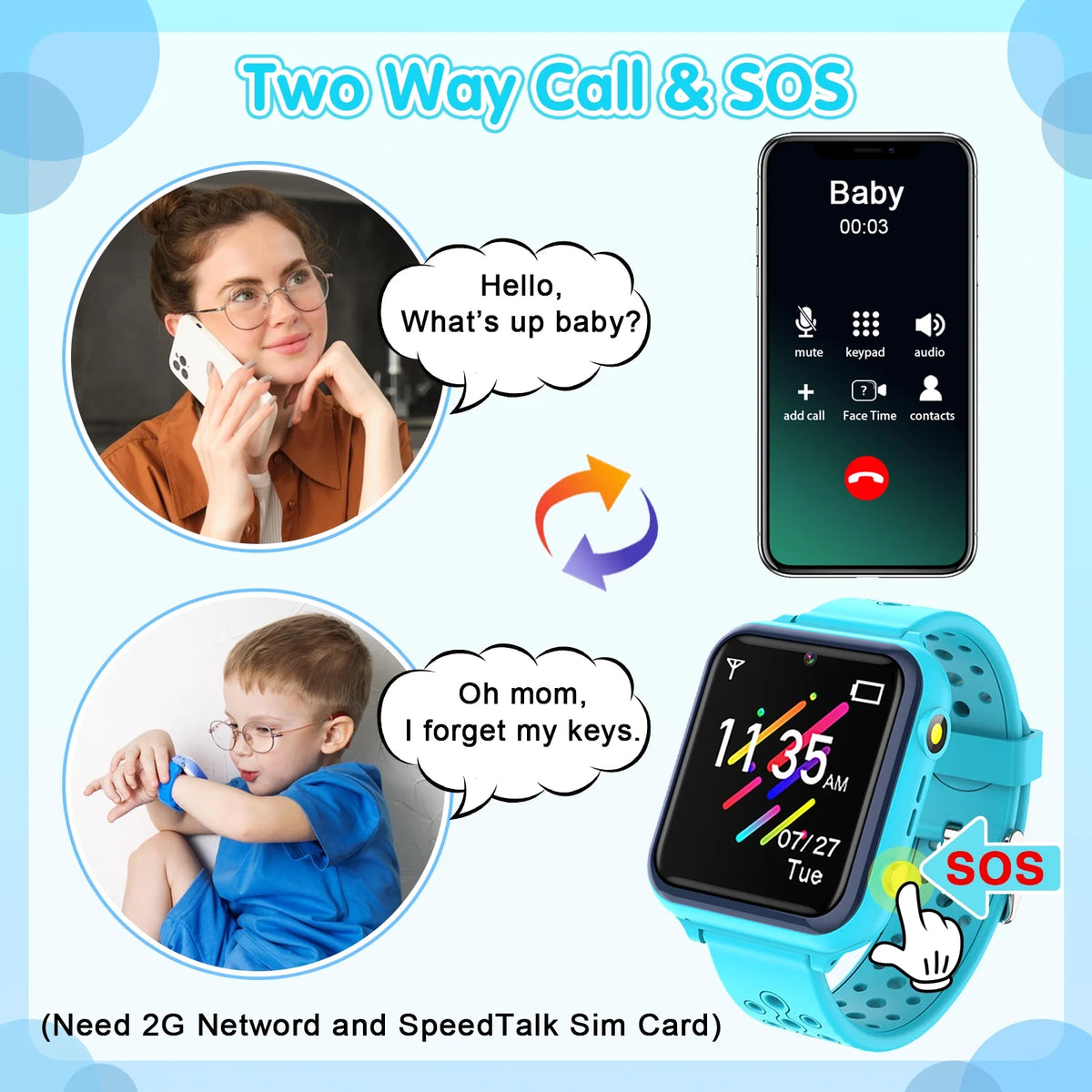 Kids Smart Watch with 2 Way Call Camera Music G6522