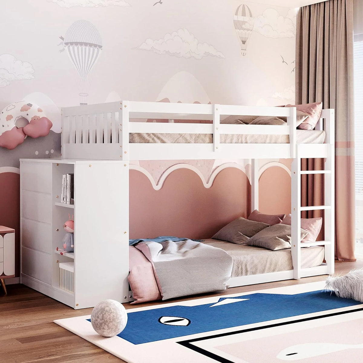 White Wood Storage Drawers Bed Frame with Guardrails and Ladder N37113