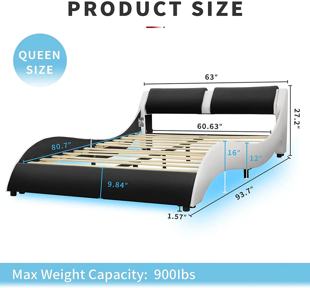 Queen Upholstered Platform Bed Frame with Faux Leather and Wooden Slats T4733
