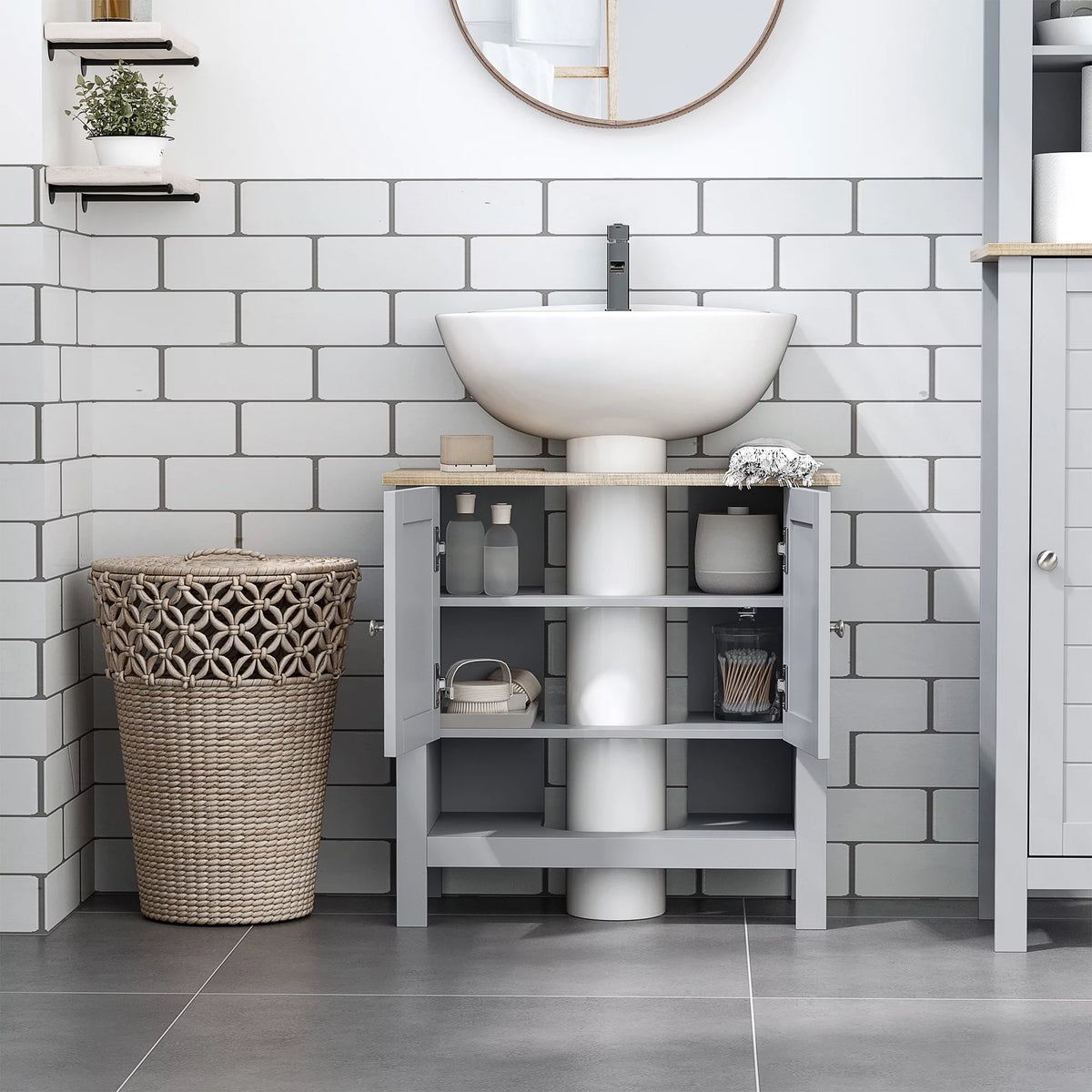Gray Pedestal Sink Storage Cabinet with Adjustable Shelf V395226