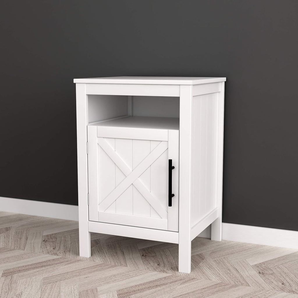 White Nightstand End Table with Door Cabinet and Open Shelf V756573