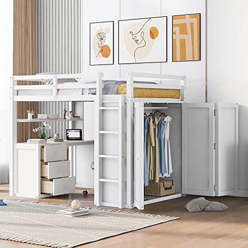 Full Size White Solid Wood Loft Bed with Desk and Wardrobe X906