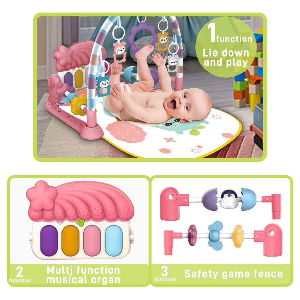Baby Gym Play Mat 3 in 1 Fitness Rack with Music and Lights Blue W32707