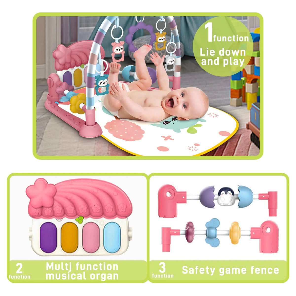 Baby Gym Play Mat 3 in 1 Fitness Rack with Music and Lights Blue W32707