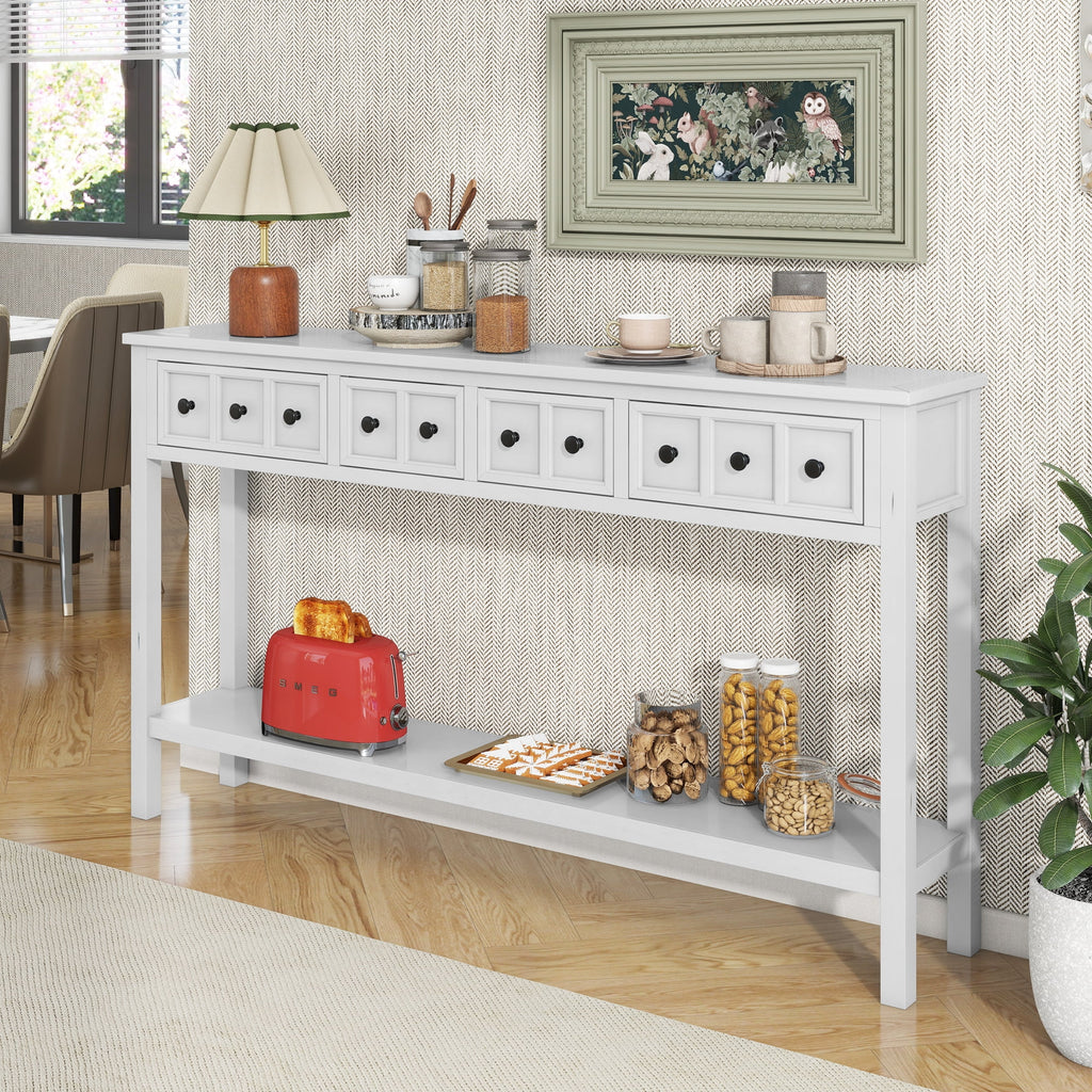 Antique White Console Table with Drawers and Shelf O956
