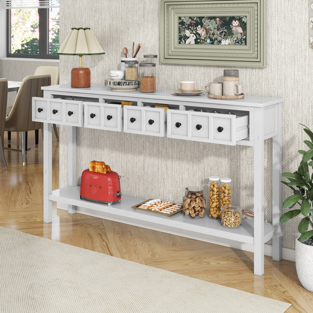Antique White Console Table with Drawers and Shelf O956