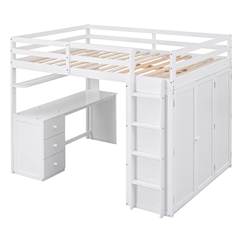 Full Size White Solid Wood Loft Bed with Desk and Wardrobe X906